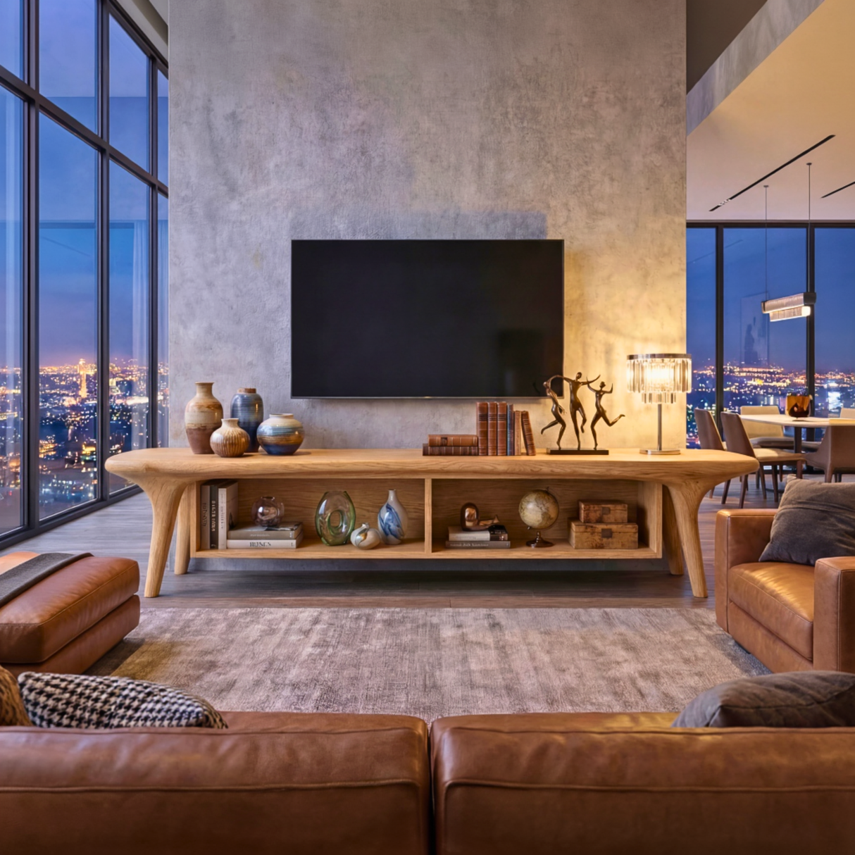 Solid Wood TV Cabinet with Open Shelving, Mediterranean Modern Media Console