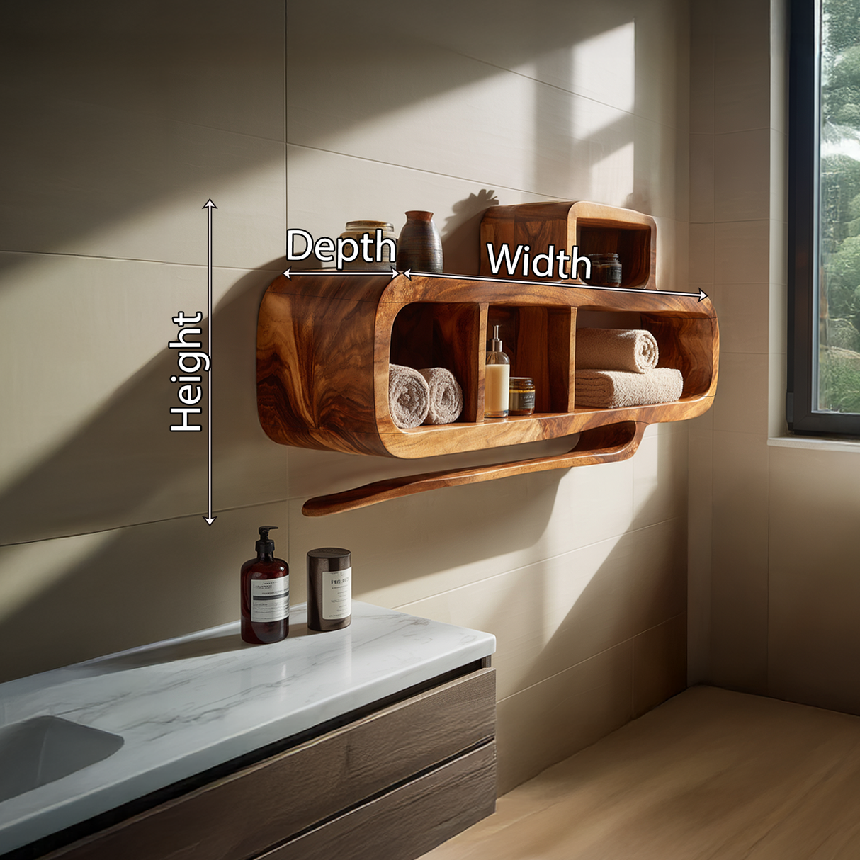 Organic Modern Solid Wood Bathroom Wall Shelf Unit