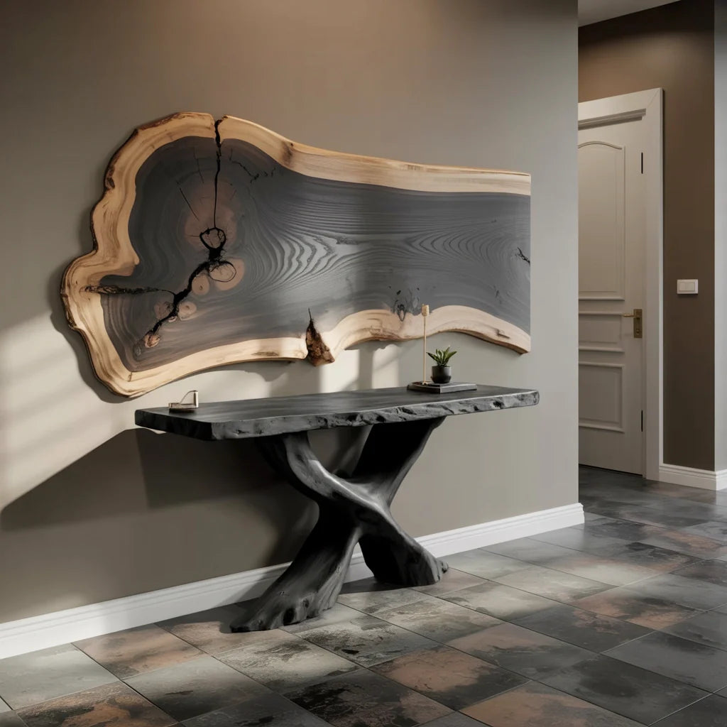 Live Edge Solid Wood Sofa Console Table with Sculptural Cross Base