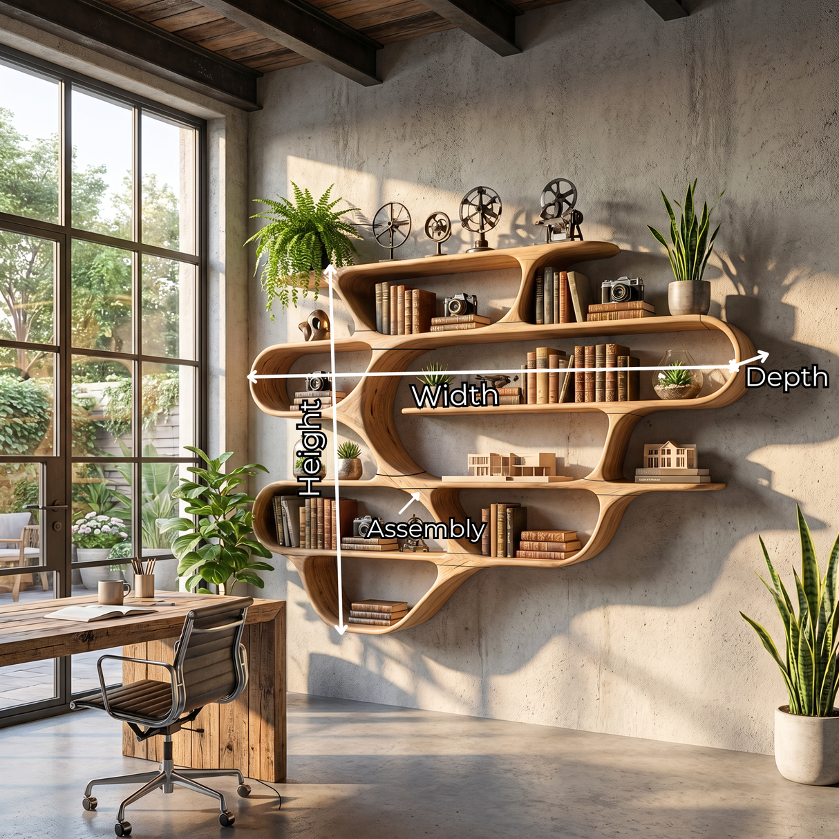 Large Organic Solid Wood Wall Bookshelf with Wave Shelf Compartments