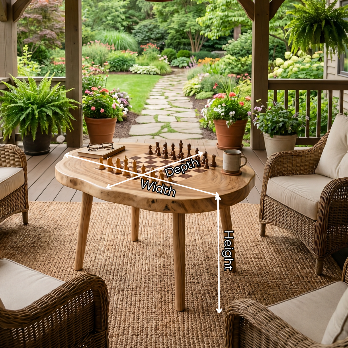 Handcrafted Solid Wood Oval Chess Coffee Table with Built In Board