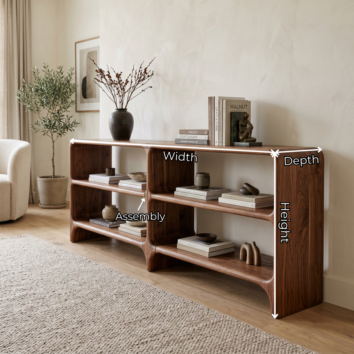 Solid Wood Low Display Console with Rounded Shelf Compartments