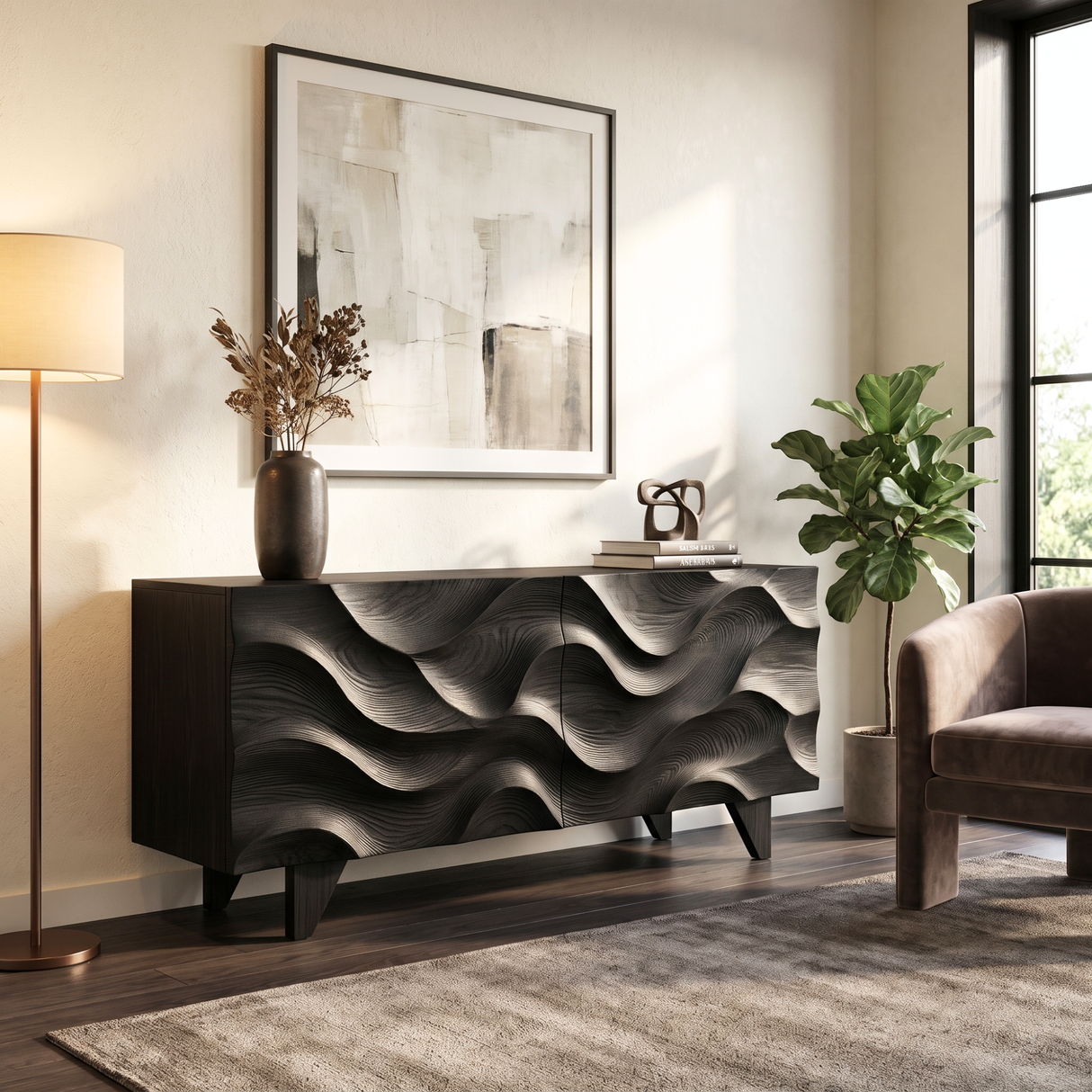Sideboard Solid Wood with Sculptural Wave Carved Doors for Living Room Decor
