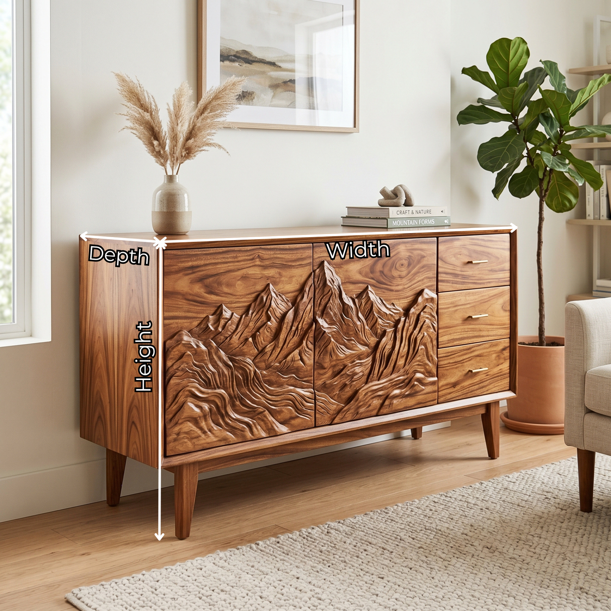 Handcrafted Solid Wood Mountain Carved Sideboard with Drawers and Cabinet Storage
