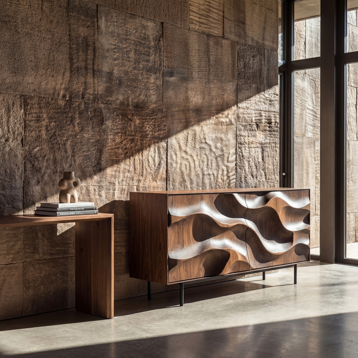 Sculpted Wave Front Solid Wood Sideboard Cabinet