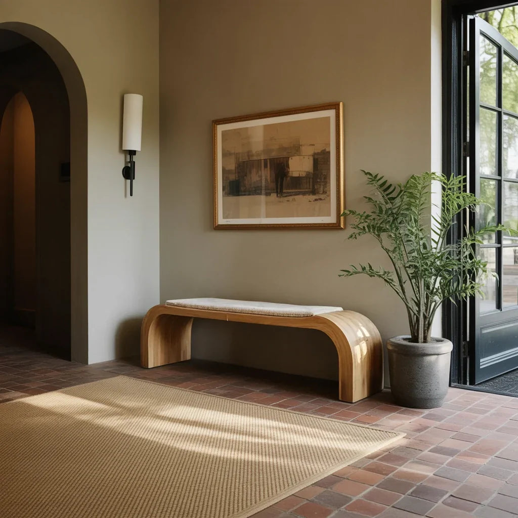 Curved Solid Wood Bench with Sculptural Profile for Modern Entryway