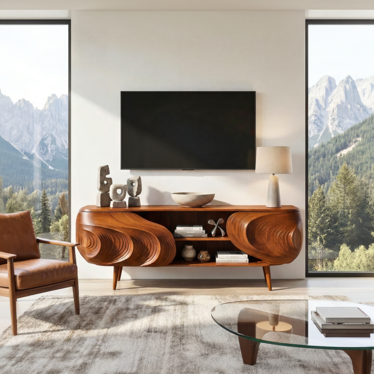 Sculptural Wood TV Cabinet with Carved Organic Front, Modern Media Console for Luxury Living Rooms