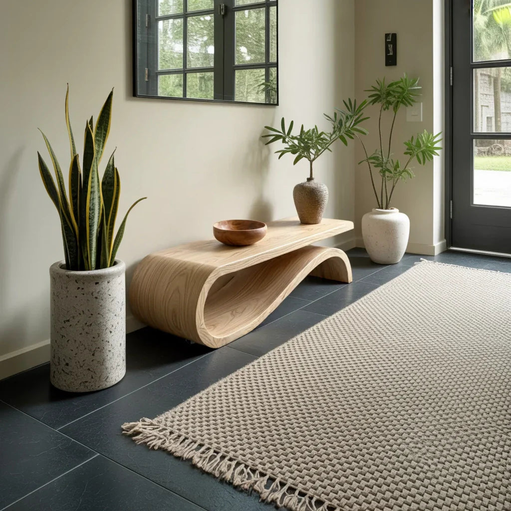 Organic Solid Wood Bench with Loop Base for Minimalist Entryway