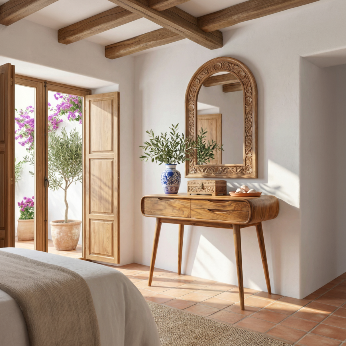 Rounded Solid Wood Vanity Table with Drawers, Modern Dressing Table for Bedroom