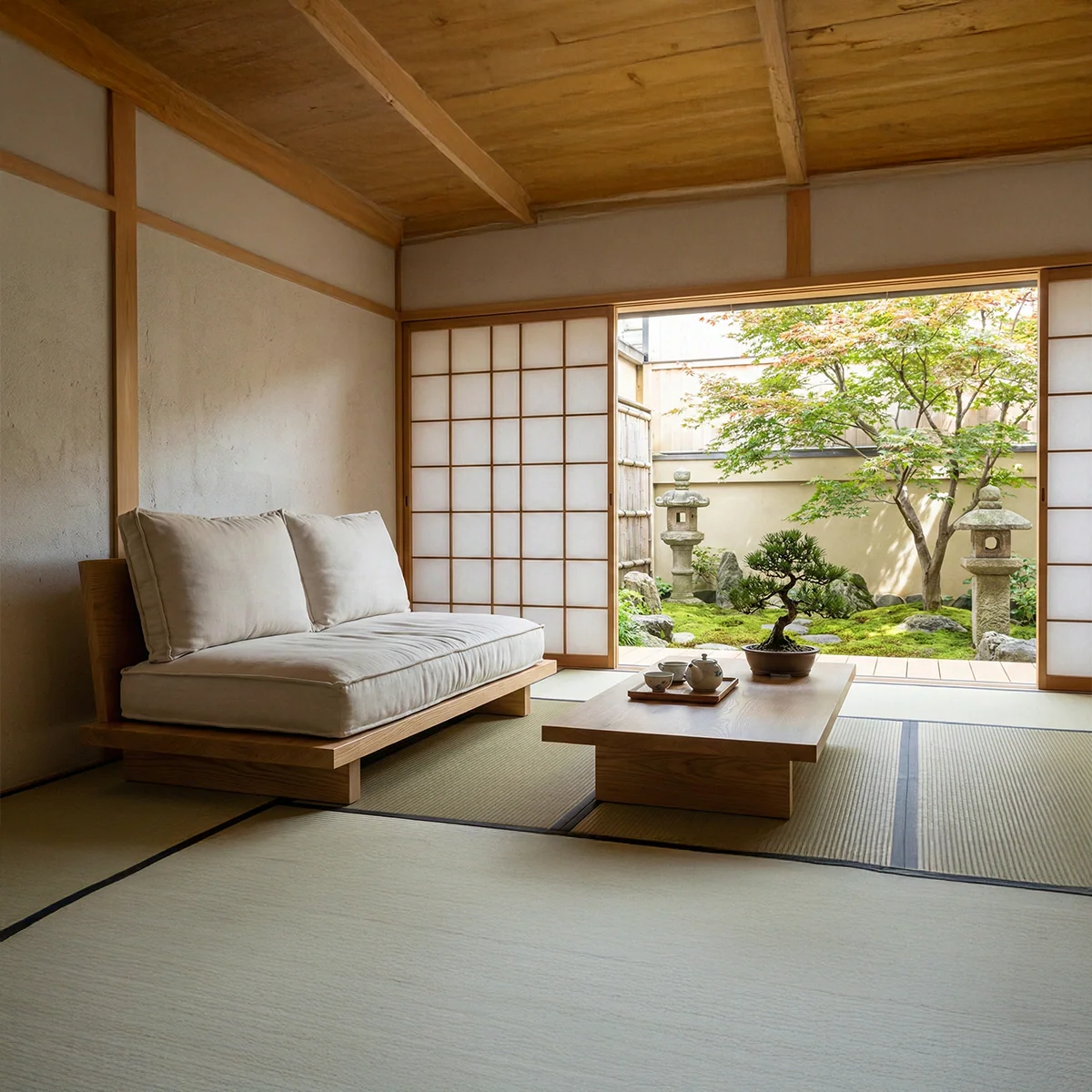 Minimalist Solid Wood Platform Sofa Japanese Style Low Floor Couch with Cushions
