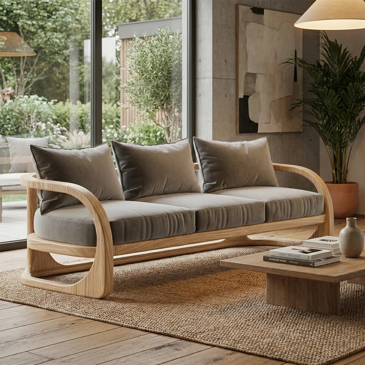 Curved Solid Wood Frame Sofa Modern Sculptural Living Room Couch with Cushions