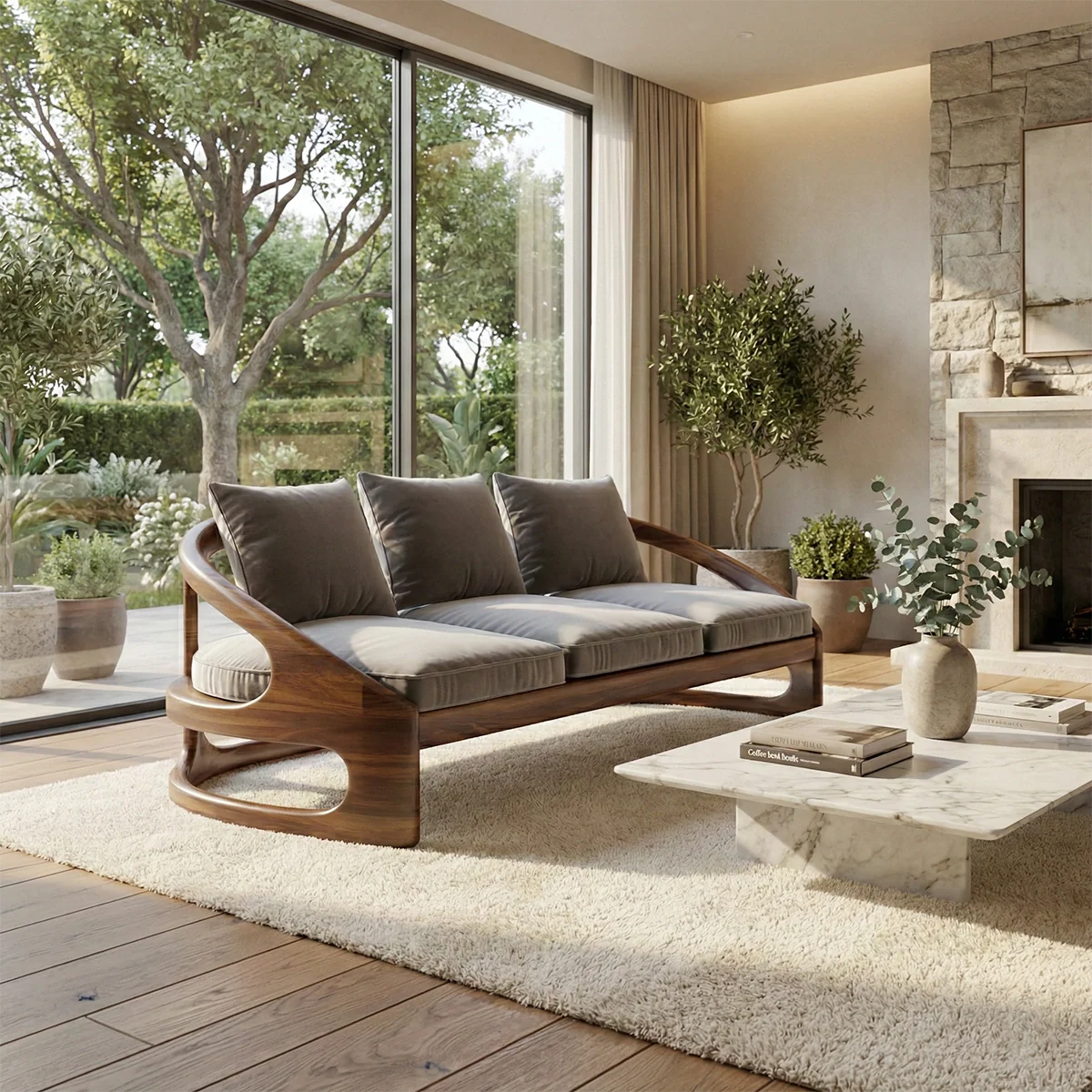 Sculptural Solid Wood Frame Sofa Modern Curved Arm Living Room Couch