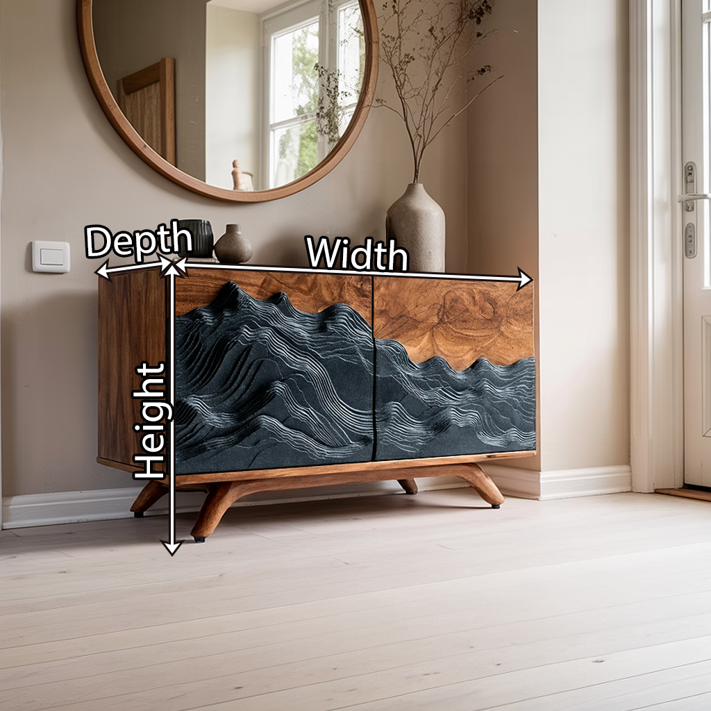 Solid Wood Sideboard with Sculpted Wave Relief Doors