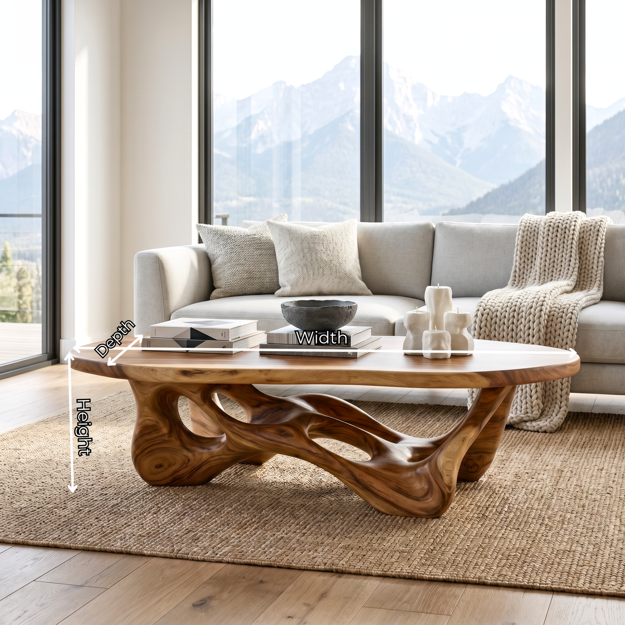 Solid Wood Coffee Table with Organic Openwork Base and Rounded Slab Top