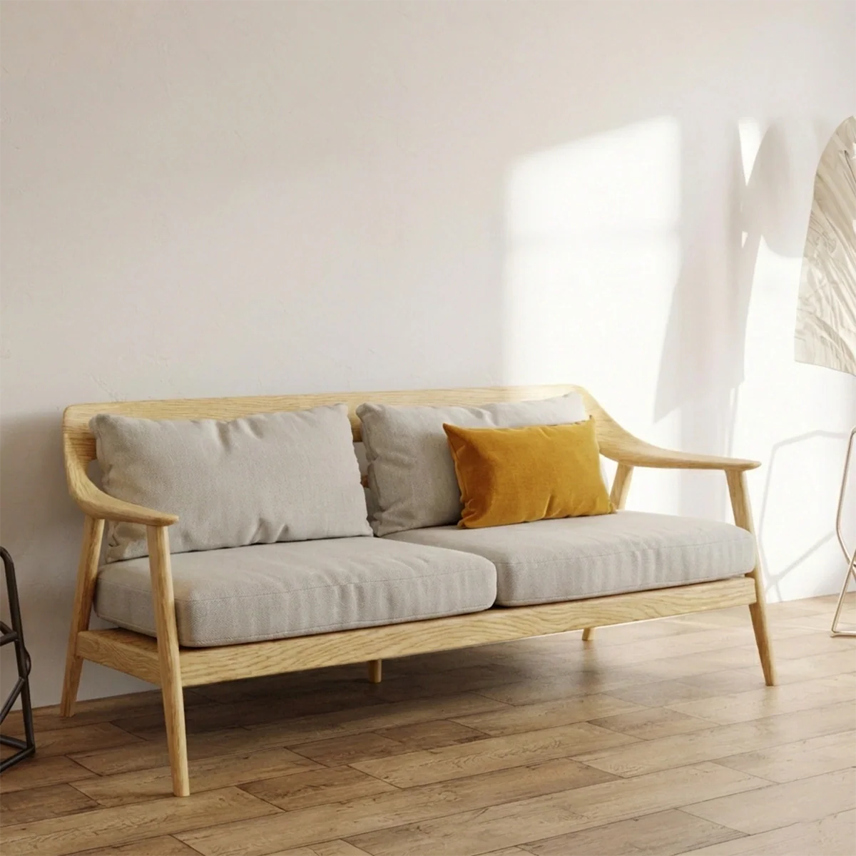Modern Scandinavian Solid Wood Sofa Minimalist Upholstered Living Room Couch with Black Frame