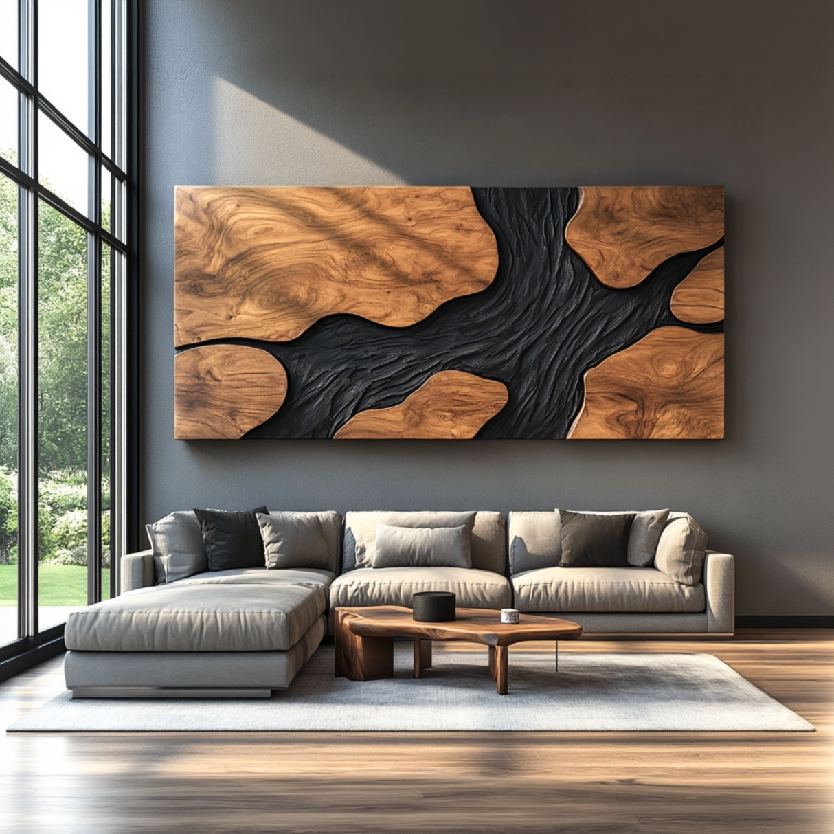 Sculptural Wood Wall Art Panel with Black Flowing Grain Form