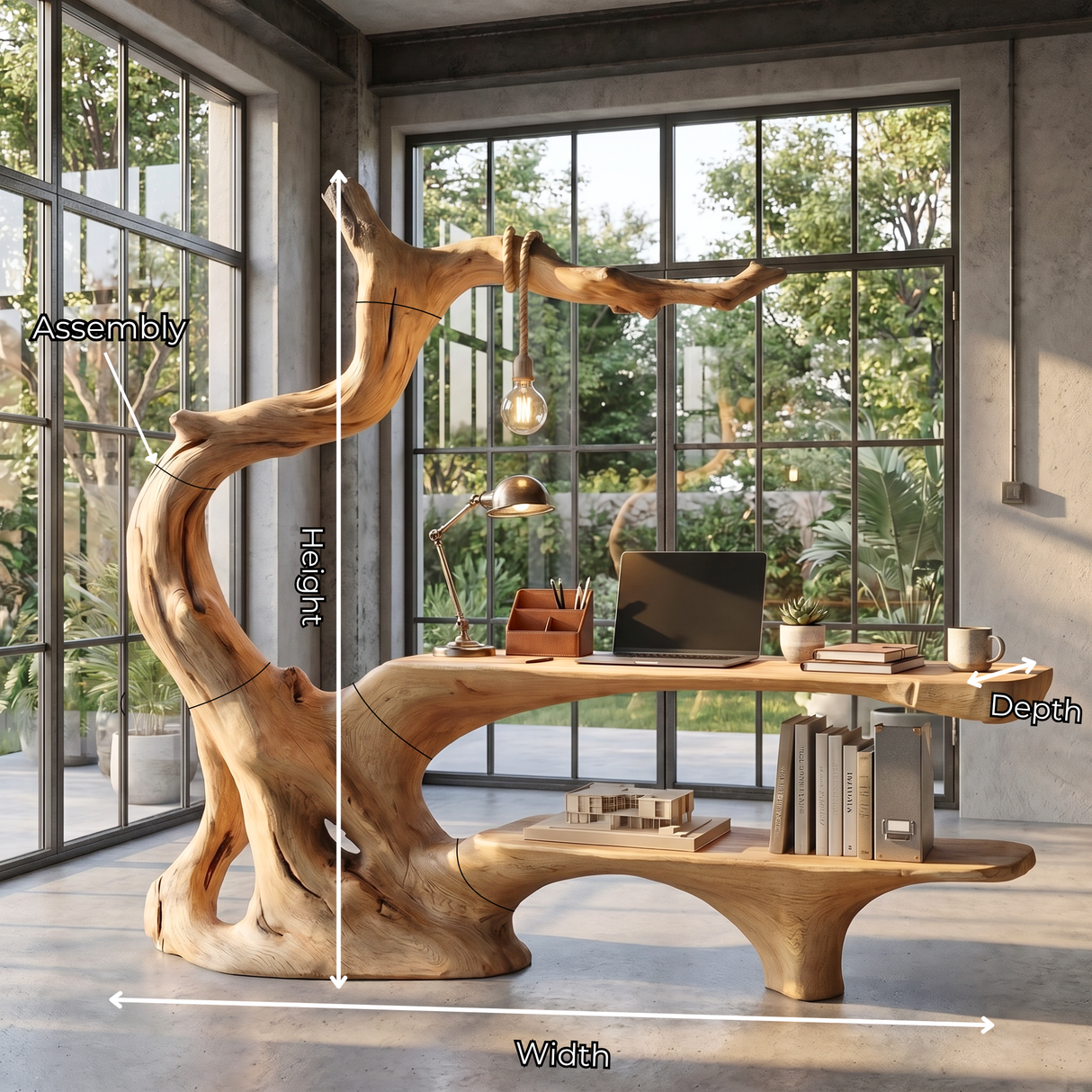 Organic Tree Root Office Desk With Floating Shelf And Hanging Lamp