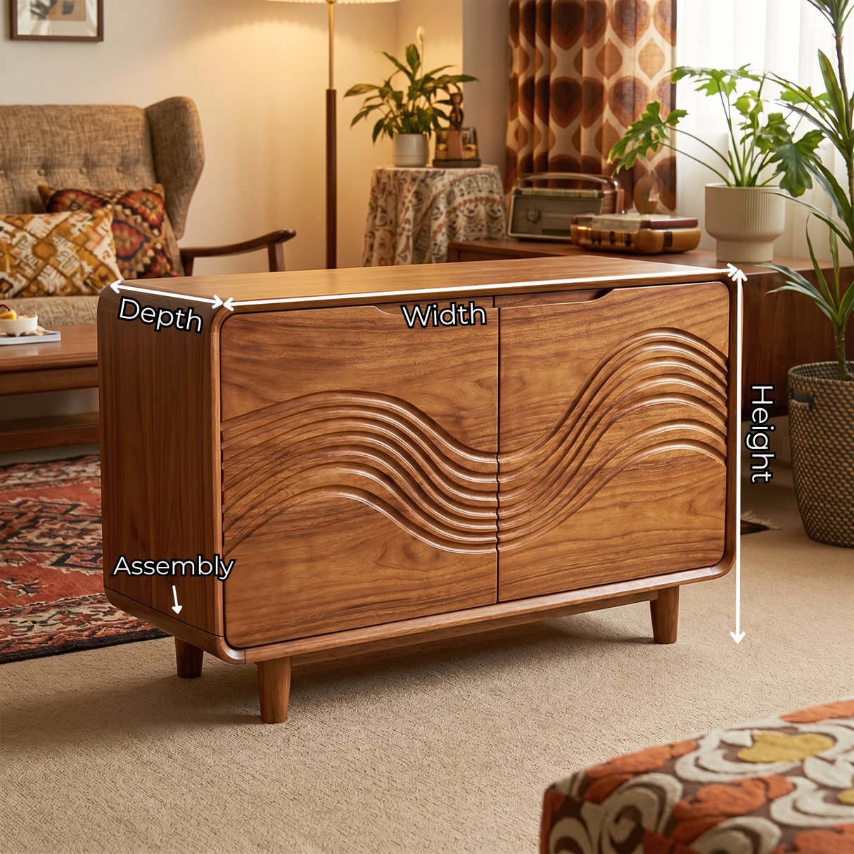 Solid Wood Two Door Sideboard with Wave Relief FrontSolid Wood Two Door Sideboard with Wave Relief Front