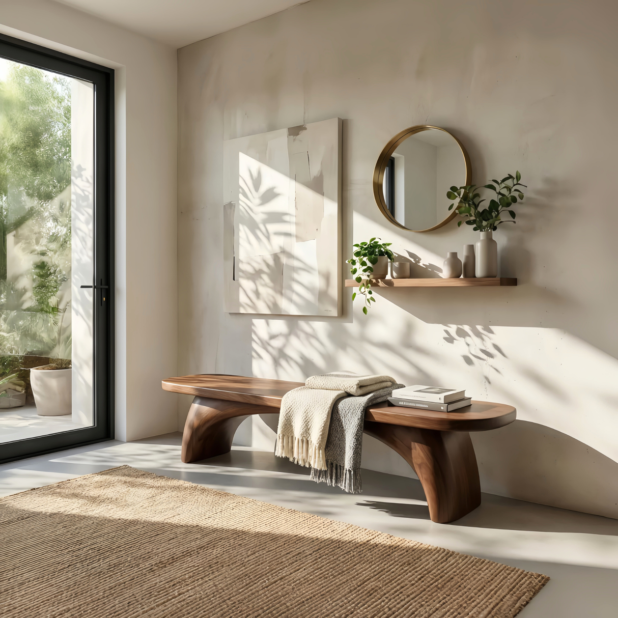 Organic Wood Bench with Sculptural Curved Legs for Modern Interiors