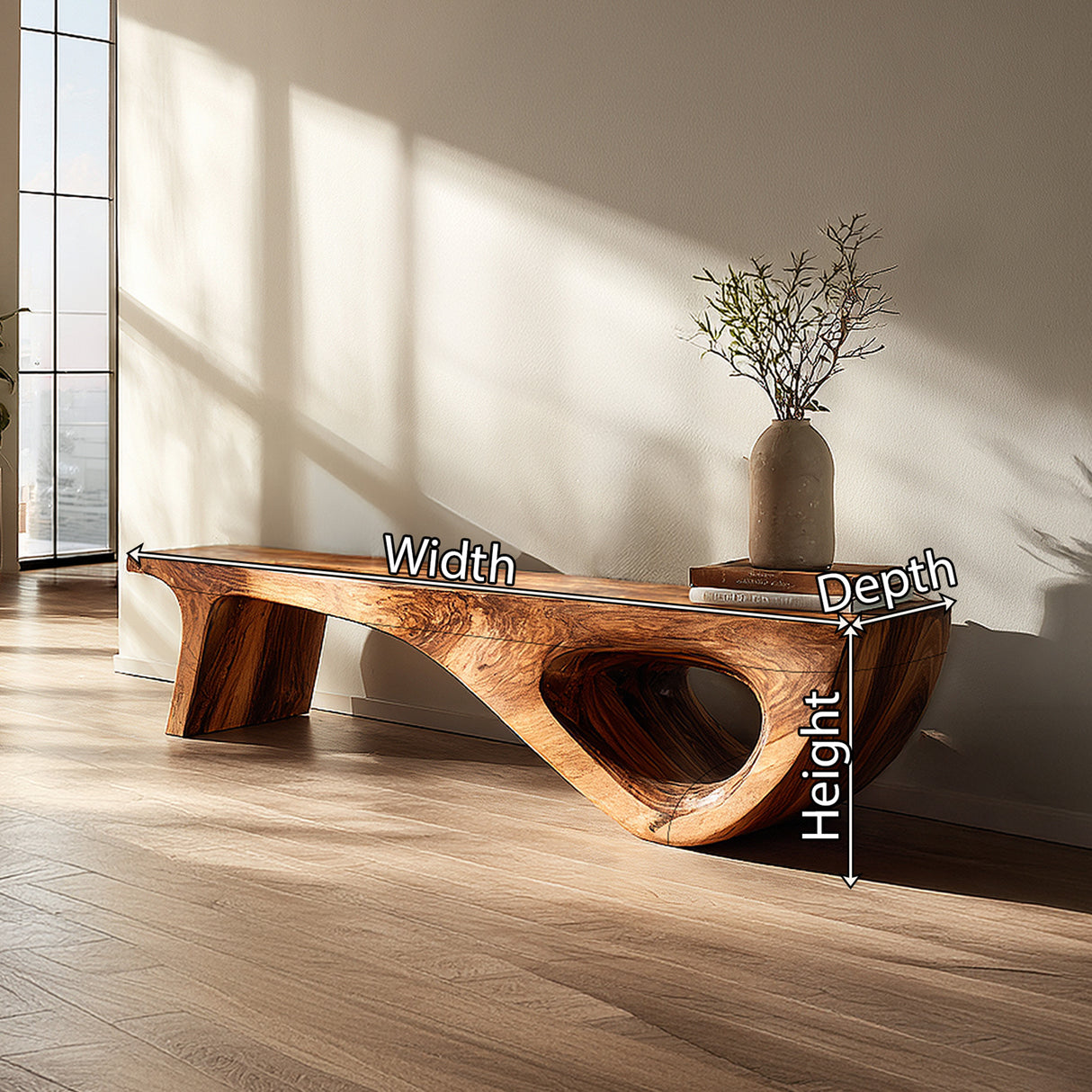 Natural Solid Wood Sculptural Bench for Modern Minimalist Interiors