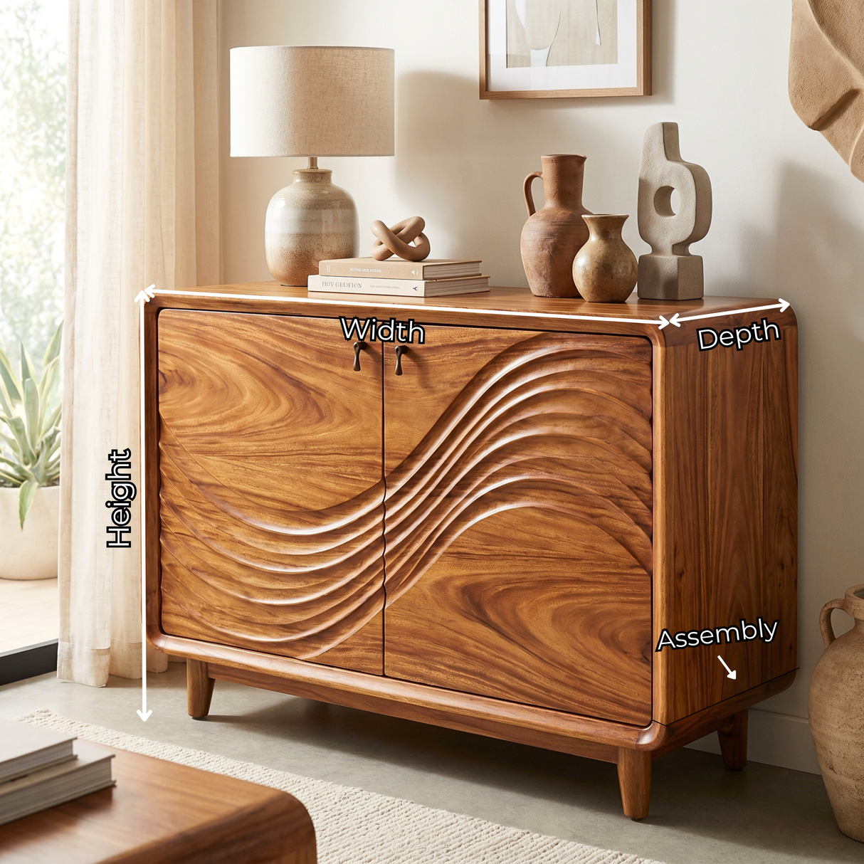 Natural Solid Wood Sideboard with Flowing Relief Carved Front