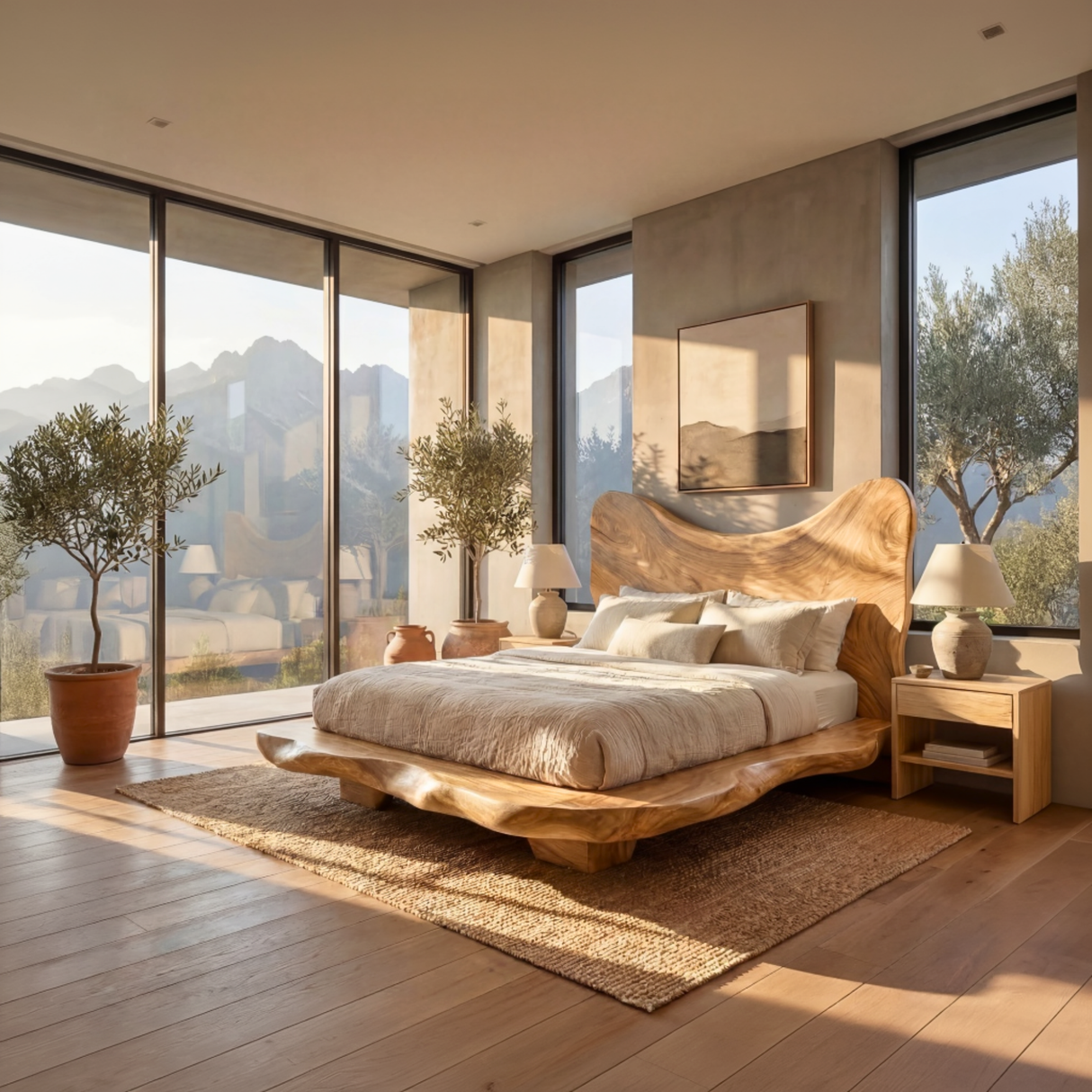 Sculptural Solid Wood Bed Frame with Organic Headboard