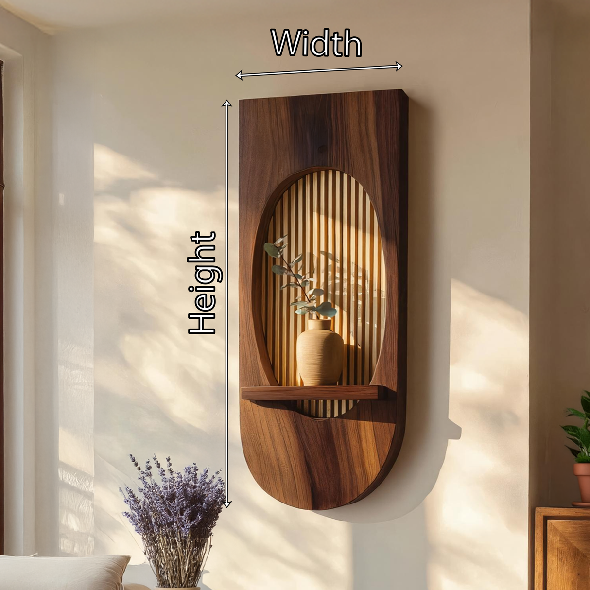 Oval Solid Wood Wall Panel with Slatted Backdrop & Floating Shelf