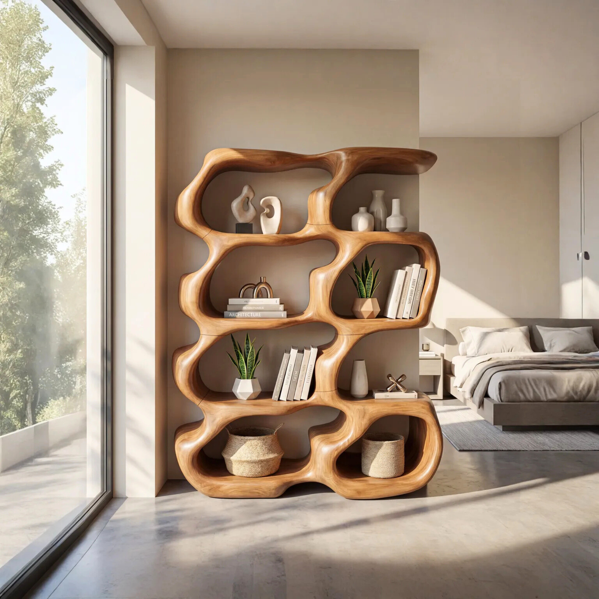 Sculptural Organic Wood Bookcase with Open Display Shelves