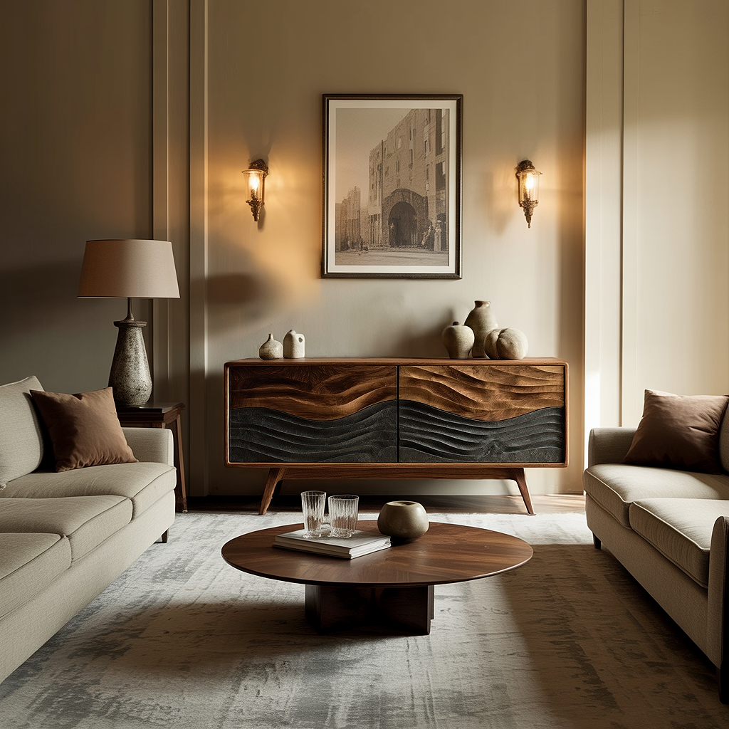 Solid Wood Sideboard with Layered Wave Carving Modern Artistic Storage Buffet Cabinet for Living Room