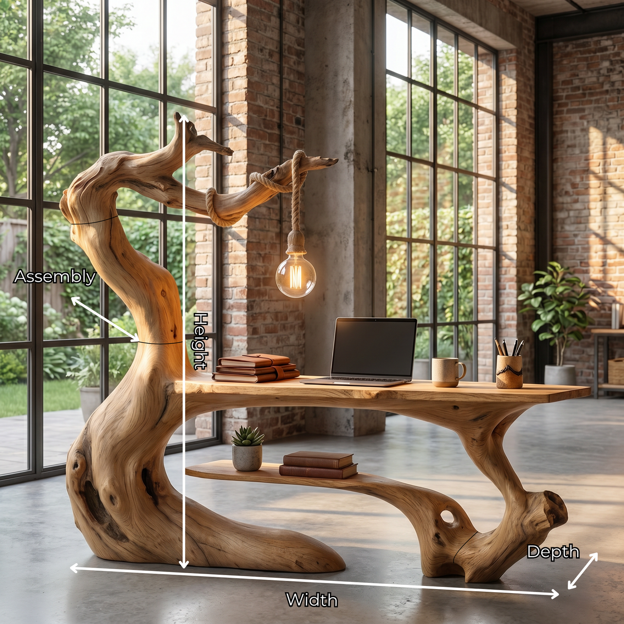 Organic Wood Desk With Hanging Lamp Sculptural Modern Workspace Furniture