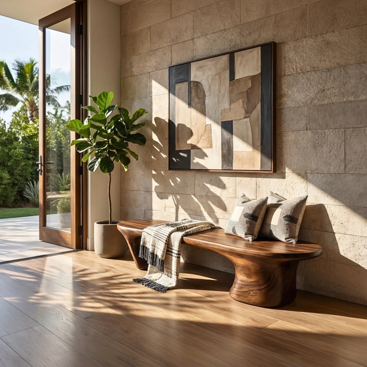 Organic Wood Bench with Sculptural Flared Pedestal Base for Modern Interiors