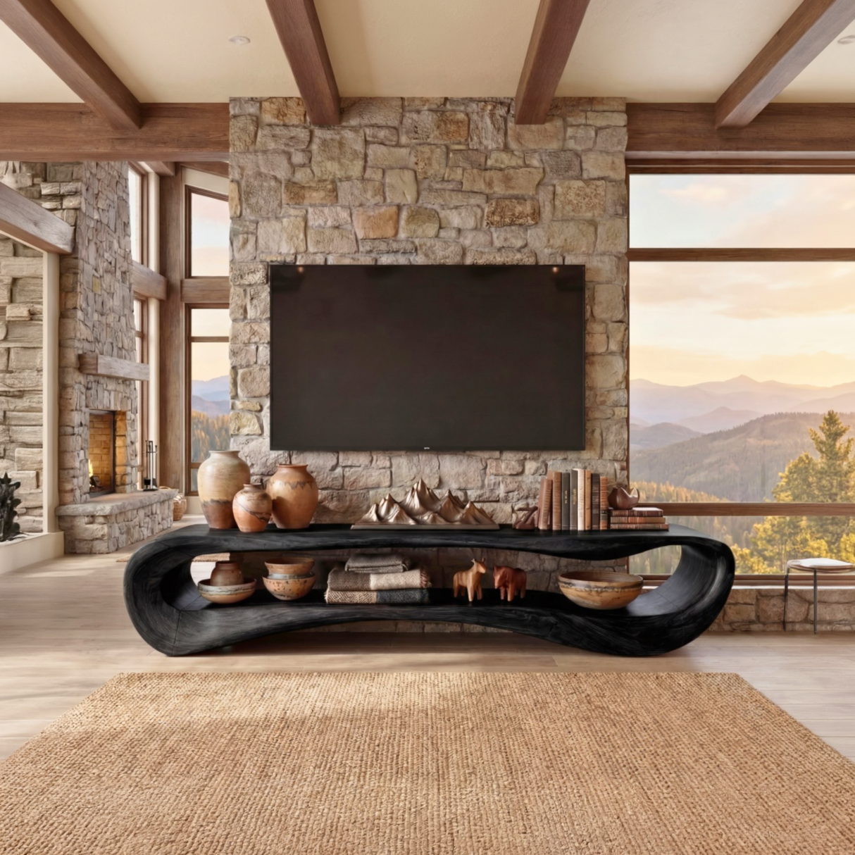 Sculptural Solid Wood TV Cabinet, Organic Modern Media Console for Living Room