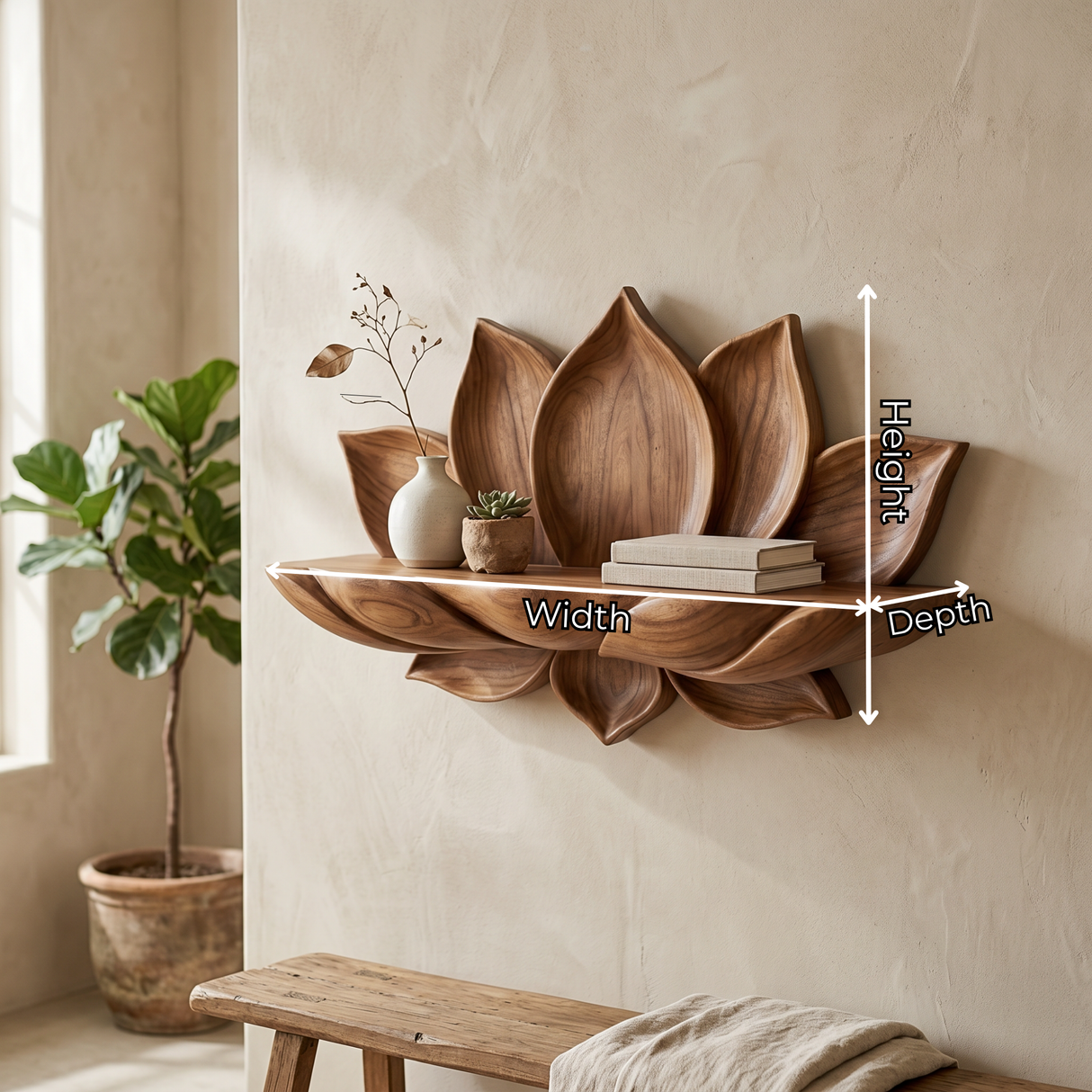 Handcrafted Natural Solid Wood Lotus Petal Wall Shelf for Decorative Display