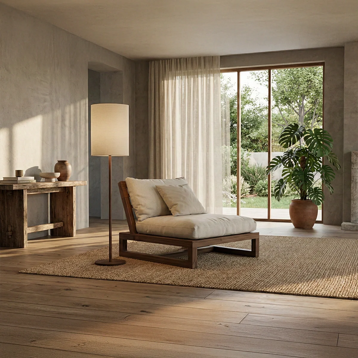 Low Solid Wood Lounge Chair with Cushion Japandi Floor Chair