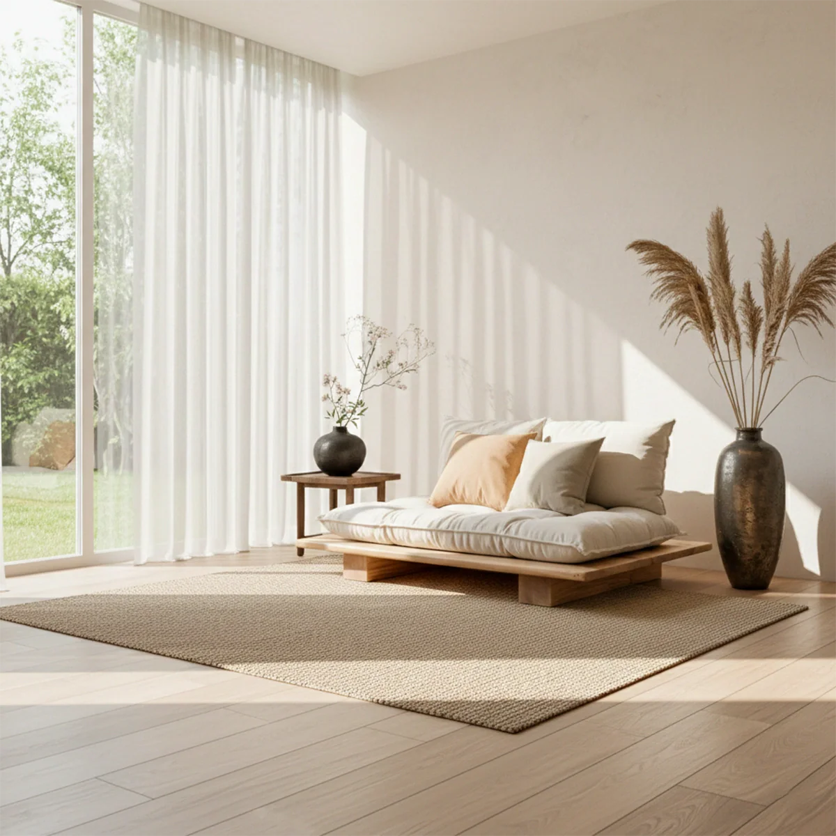 Low Solid Wood Tatami Sofa Platform Japandi Floor Lounge Seat with Cushion