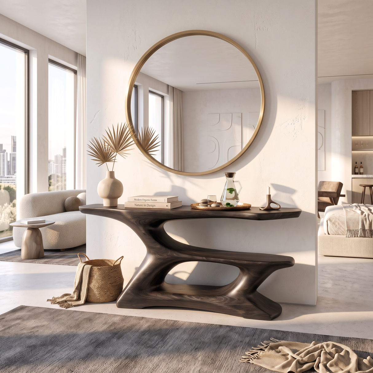 Console Table Solid Wood with Sculptural Tiered Arch Base