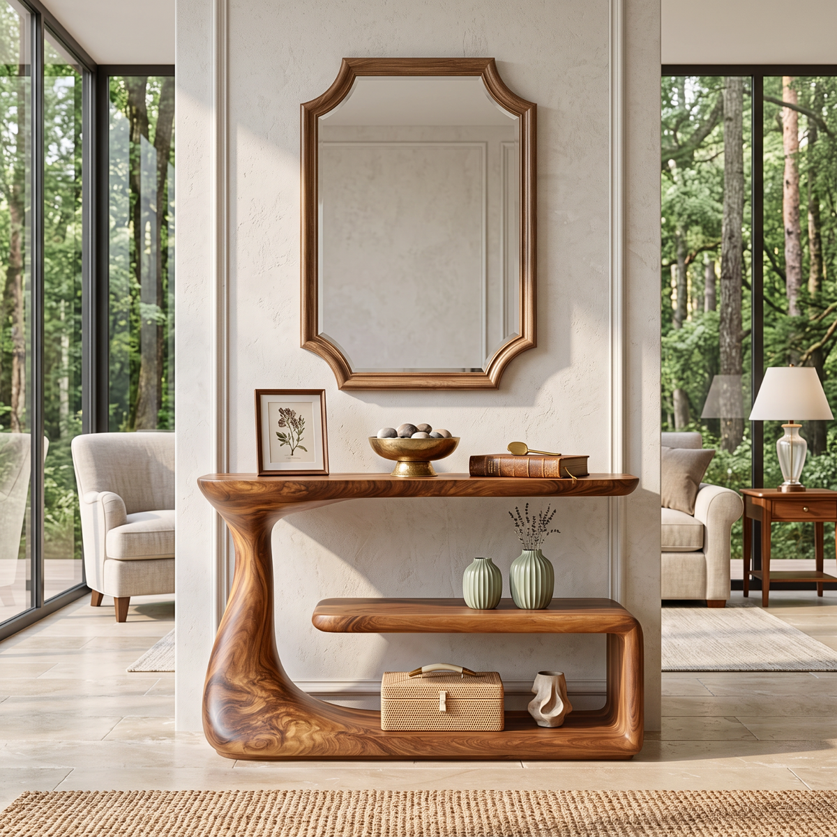 Console Table with Organic Curved Frame and Open Display Shelf