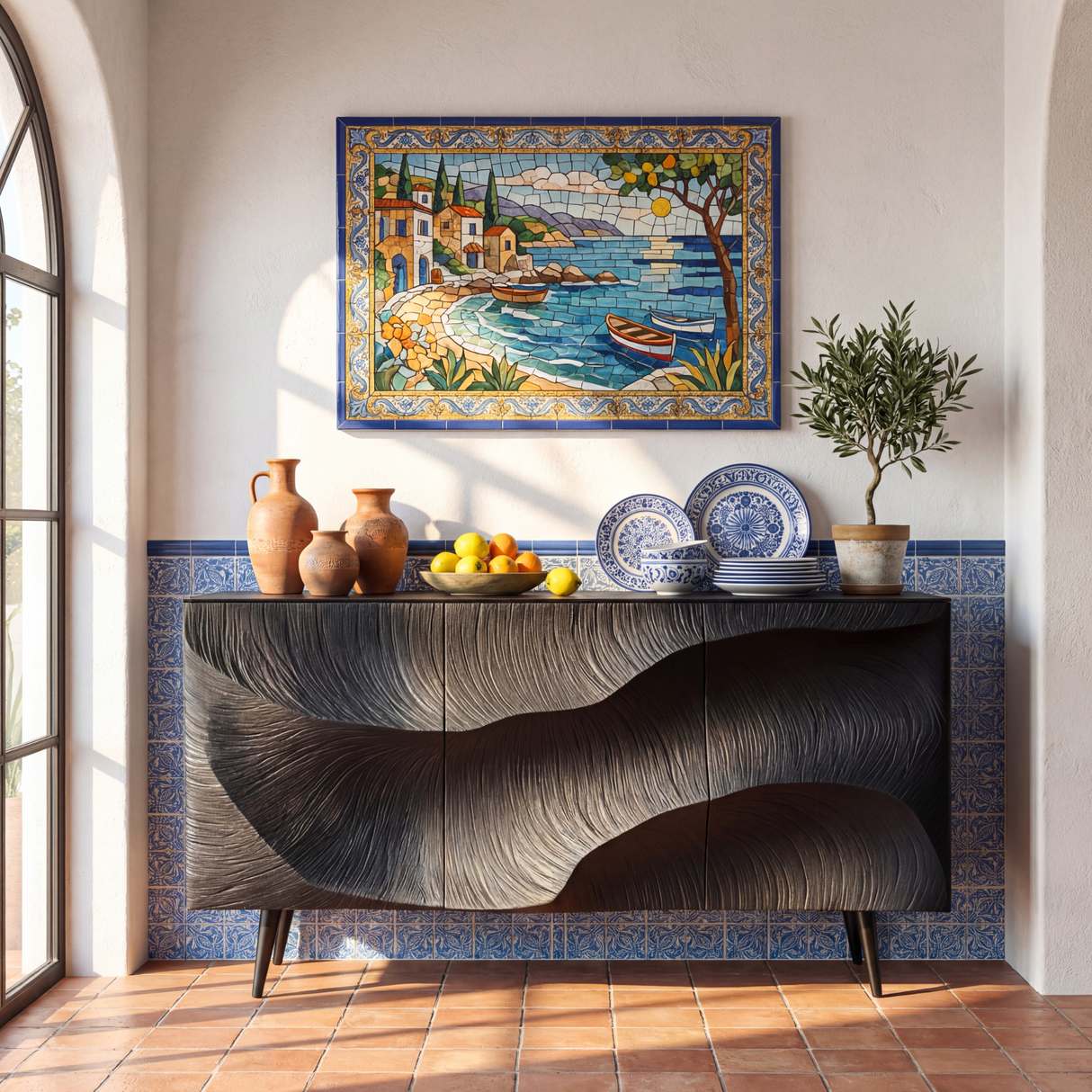 Sculpted Black Feather Front Wood Sideboard Cabinet for Modern Living and Dining Rooms