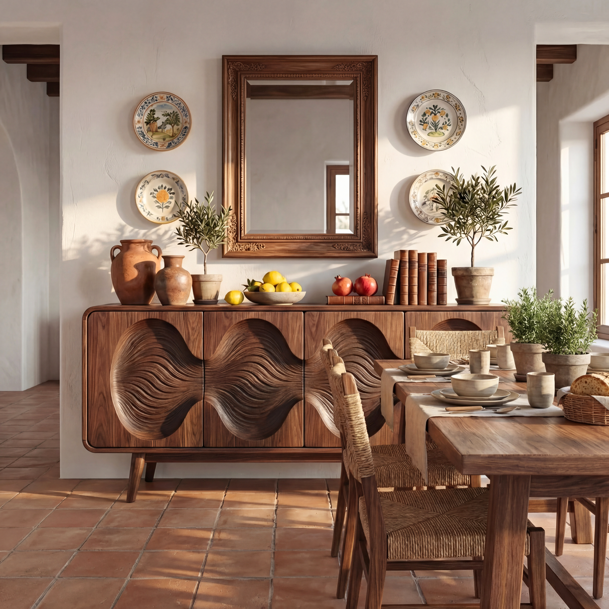 Carved Wave Front Solid Wood Sideboard for Living and Dining