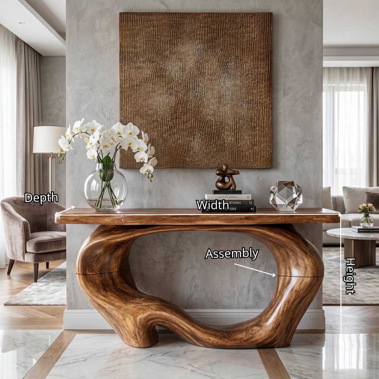 Console Table Solid Wood with Organic Hollow Loop Base for Entryway Decor