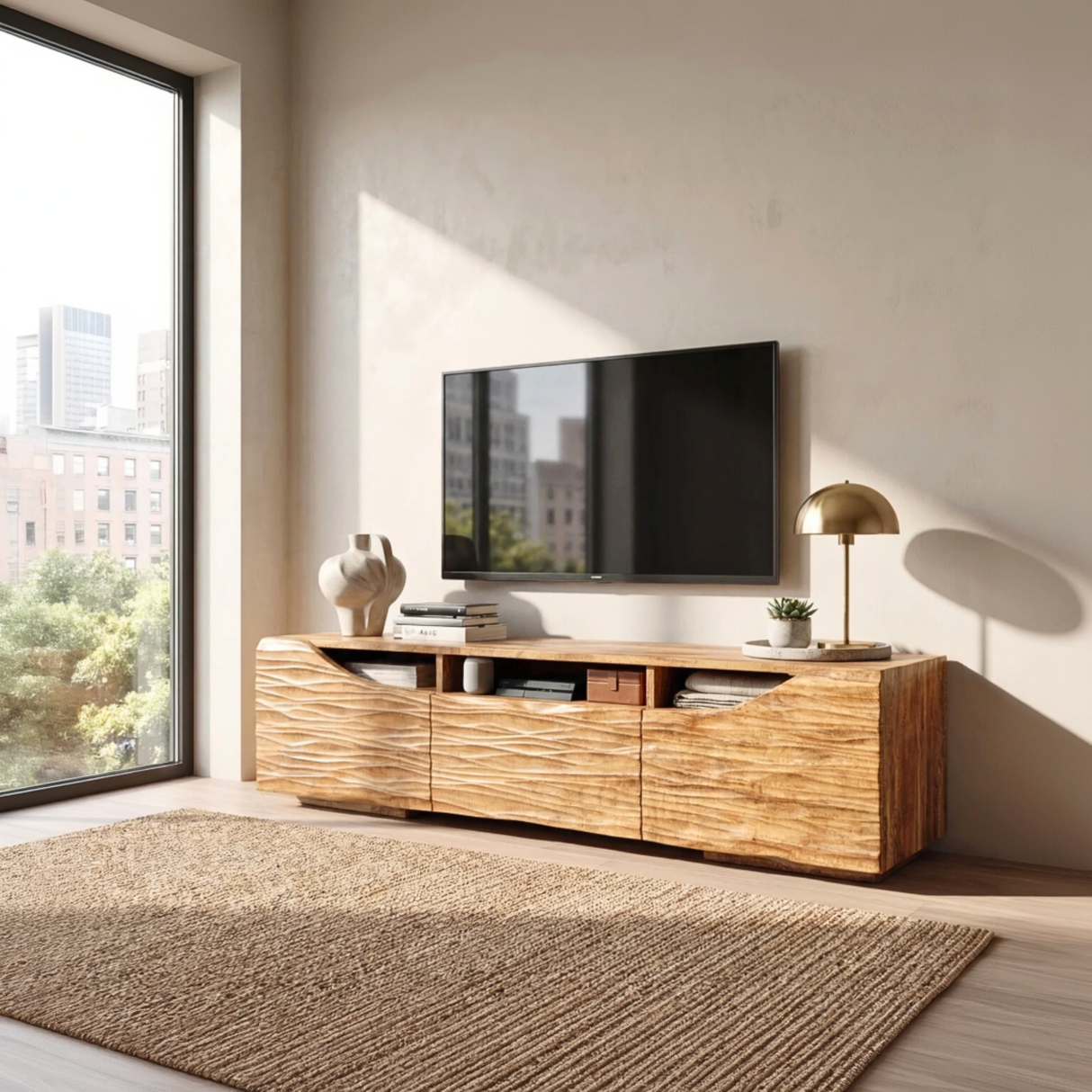 Sculptural Wood TV Cabinet with Carved Wave Front for Modern Interiors
