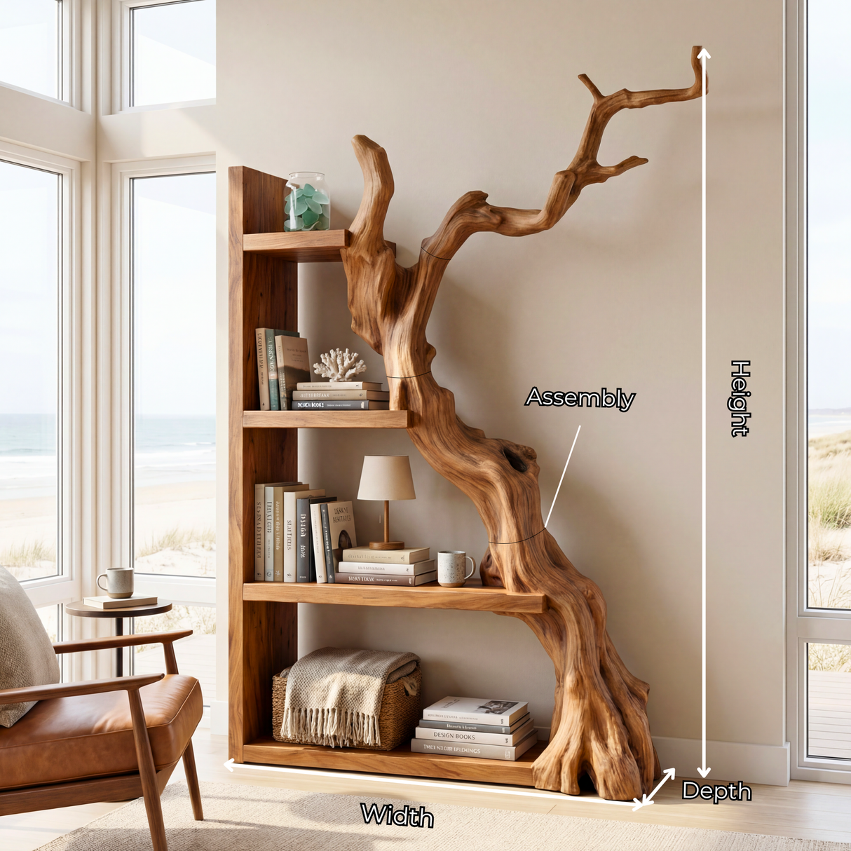 Vertical Solid Wood Bookshelf with Sculptural Tree Form Organic Modern Display Shelf