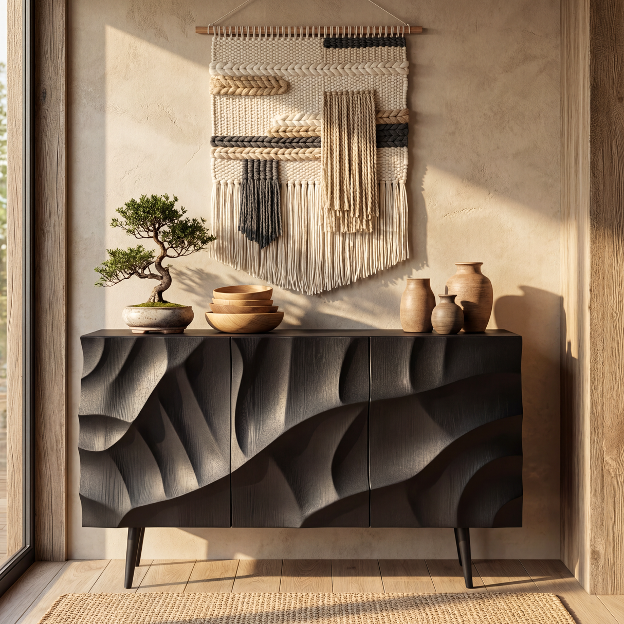 Black Sculpted Wave Front Sideboard for Modern Living and Dining