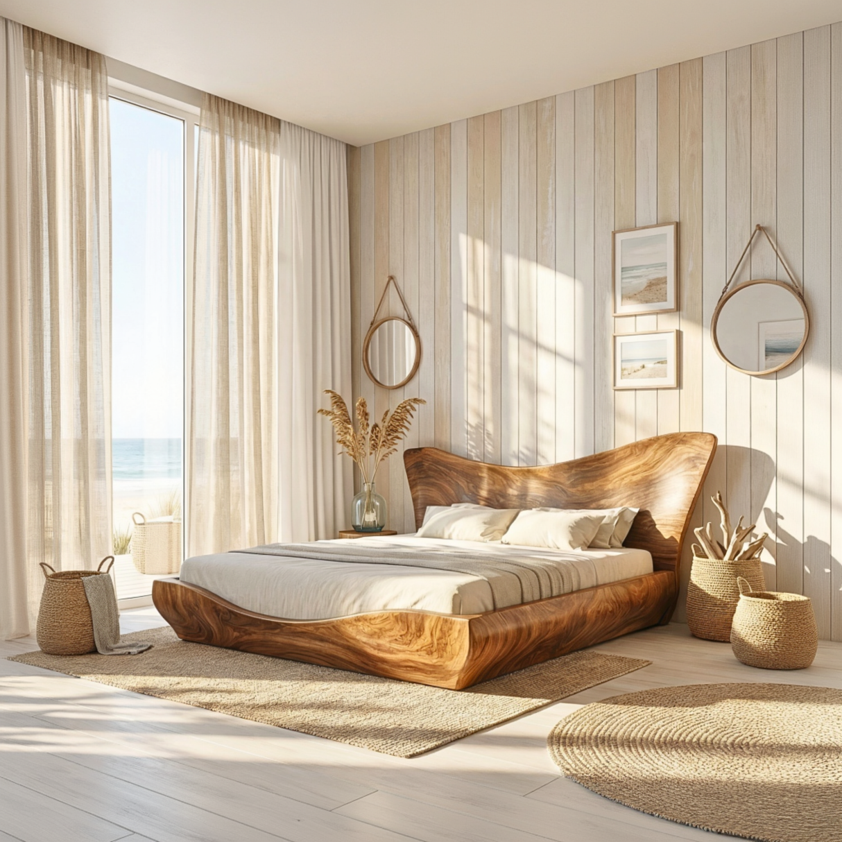 Sculptural Solid Wood Platform Bed with Organic Curved Headboard