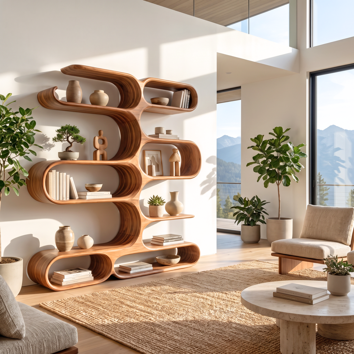 Handcrafted Solid Wood Organic Wall Bookcase with Curved Open Shelves