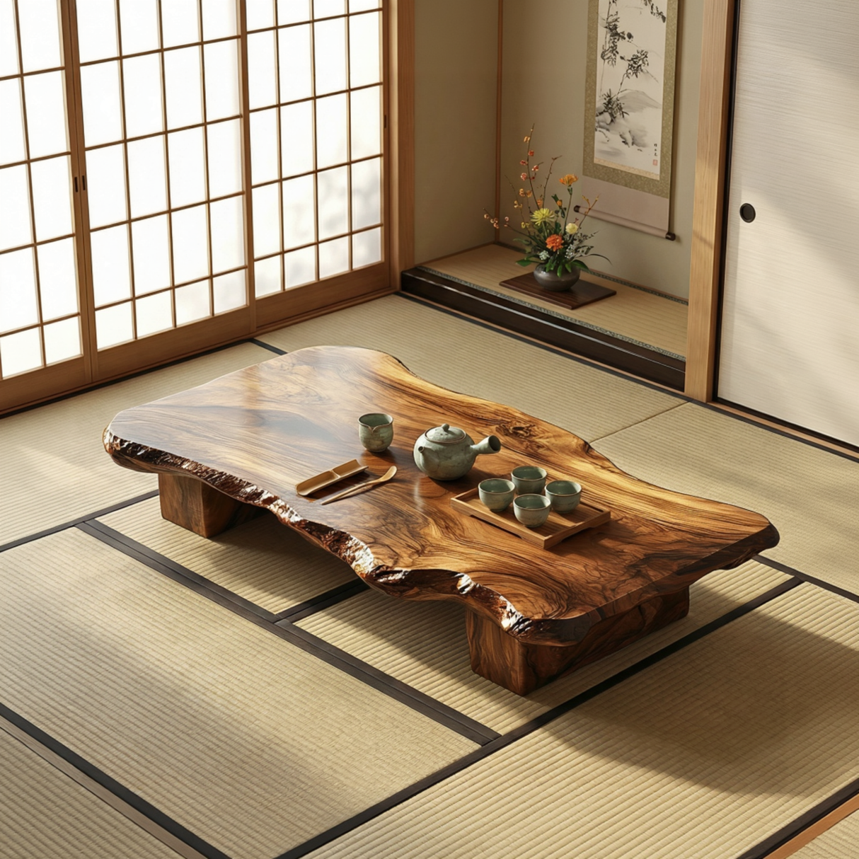 Solid Wood Live Edge Tea Table for Zen Tatami and Japandi Spaces