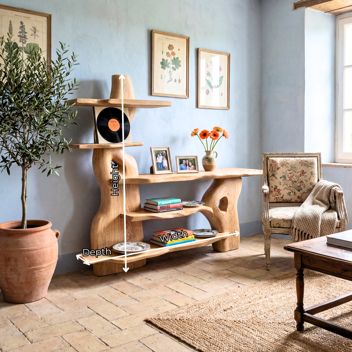 Sculptural Solid Wood Console Table with Organic Form and Tiered Display Shelves Artistic Freeform Console Table