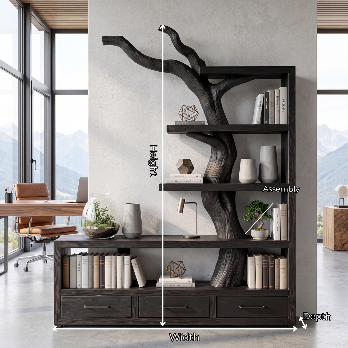 Solid Wood Bookshelf with Tree Trunk Form and Storage Drawers Organic Modern Display Shelf Unit
