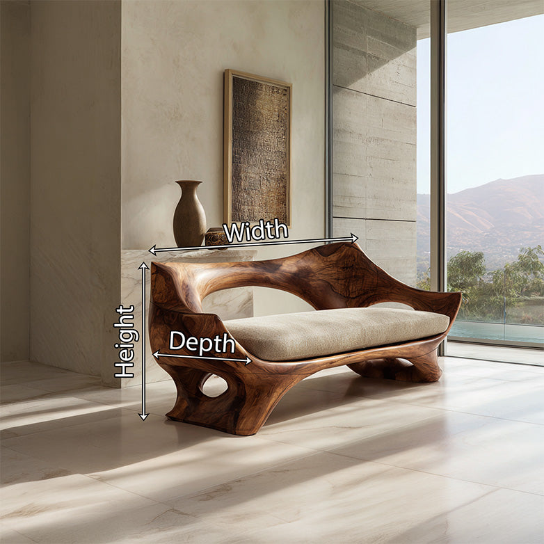 Organic Sculptural Solid Wood Bench with Cushion Handcrafted Modern Artistic Seating