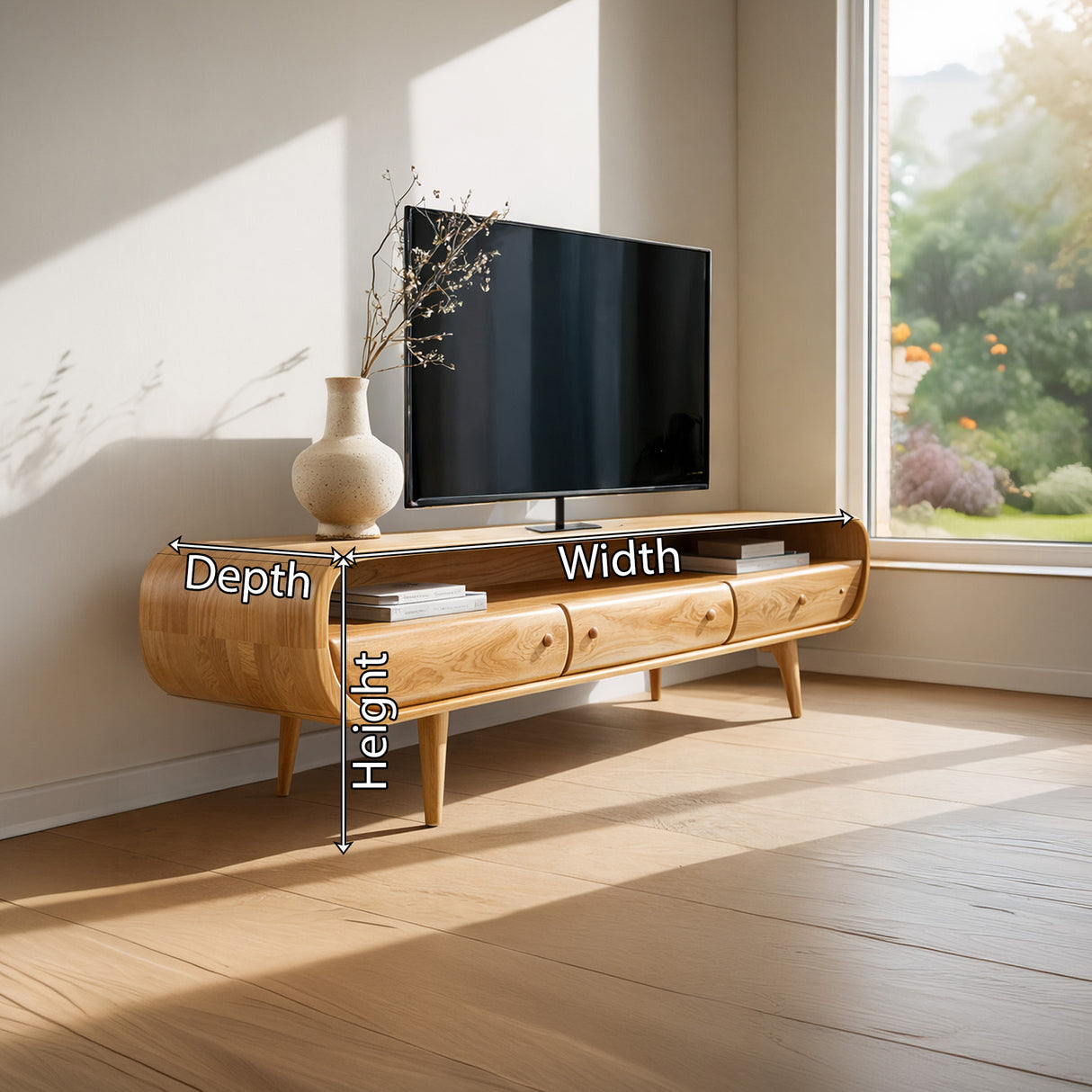 Mid-Century Solid Wood TV Console with Curved Frame